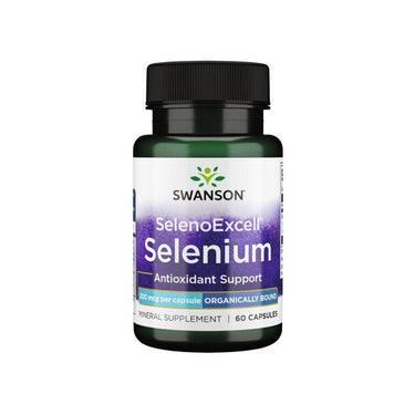 A bottle of Swanson SelenoExcell Selenium 200 mcg, made with selenium-enriched yeast for improved antioxidant and immune support, contains 60 capsules.
